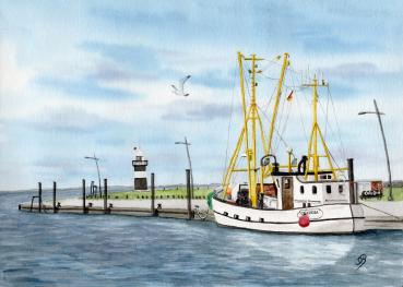 Poster DIN-A4  Aquarell Maritim Kunst Druck Kunstdruck Dänemark Nordsee Ostsee Fischerboot Kutter Fischkutter Krabbenkutter Claudia Kleiner Preuße Wremen  Meer Boot Möwen